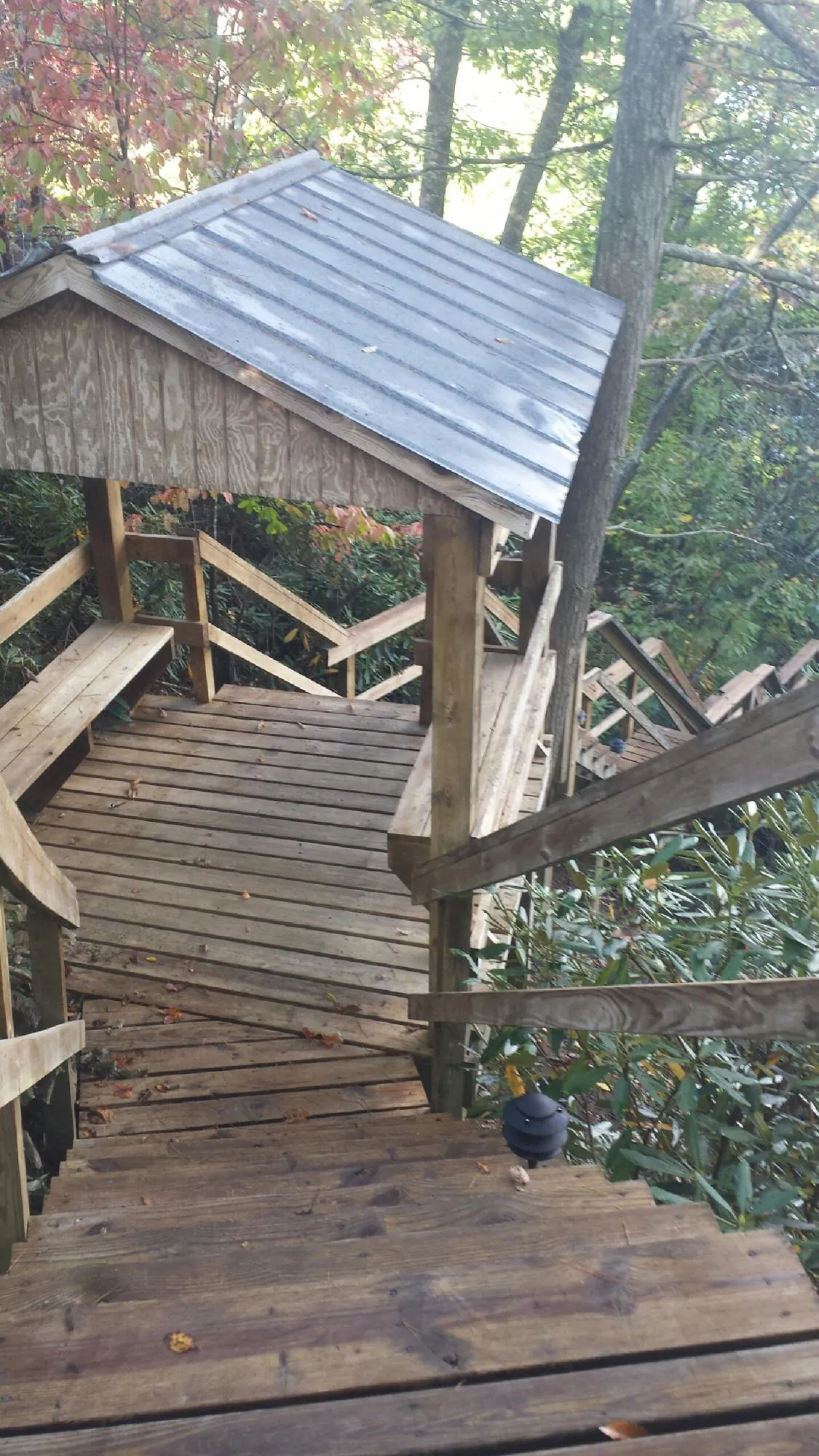 Metal roofed shelter over wooden steps on a wooded walkway — Skylight Repair & Installation work by our crew in Winneconne